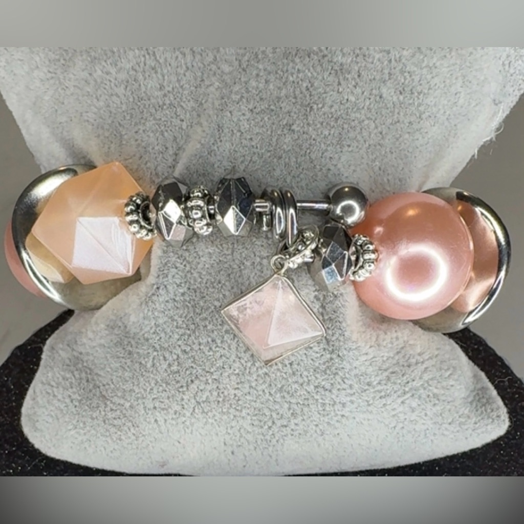 Bangle Pearl Beaded Charm Bracelet With Square Pendant